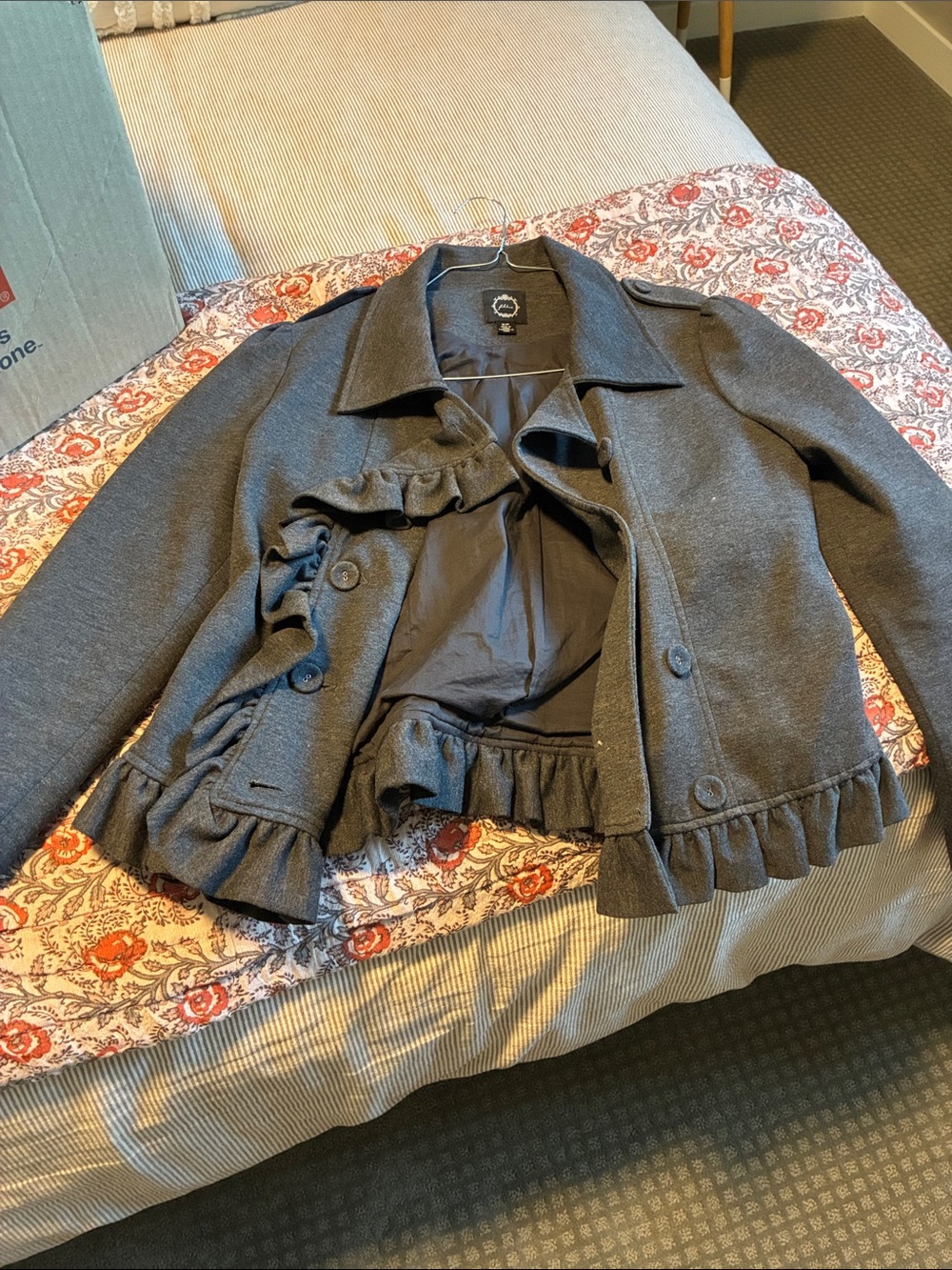 Ruffle-Hem Peacoat Jacket in Gray